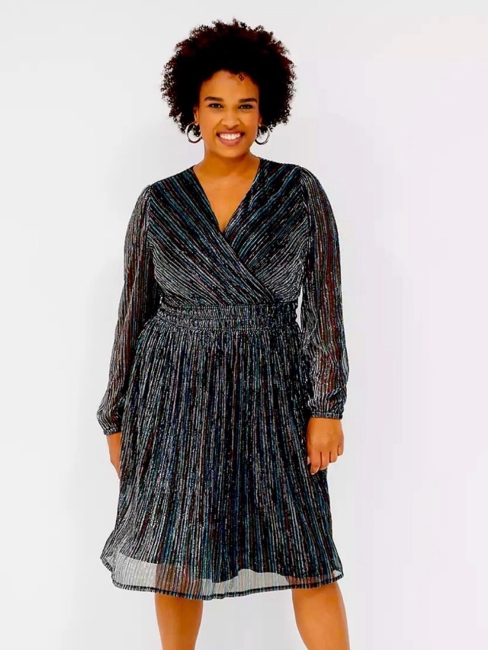 Lane Bryant Shimmer Dress Multicolor Metallic Stripe Long Sleeve Plus Size